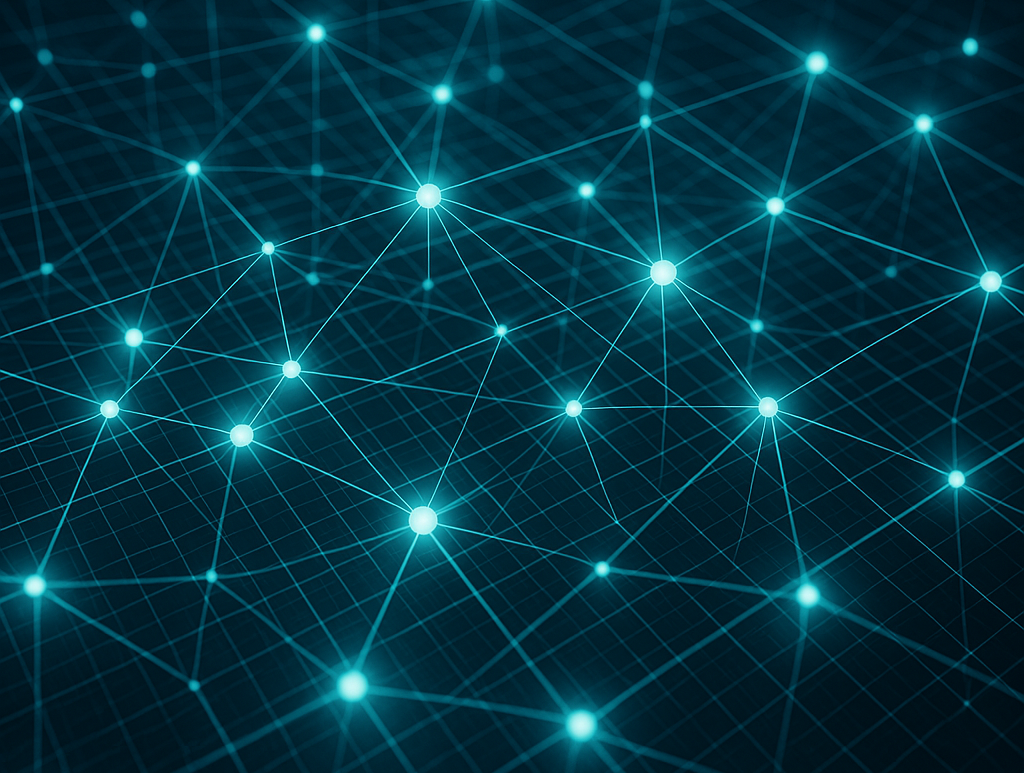 Leuchtend blaue Netzwerkknoten sind durch feine Linien auf einem dunklen, rasterförmigen Hintergrund verbunden; abstrahierte Darstellung eines digitalen Datennetzwerks.