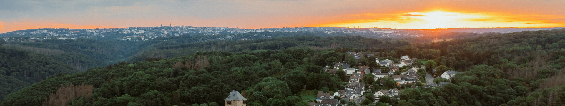 Schloss Burg umgeben von einzelnen Häusern und Wald aus der Vogelperspektive im Sonnenuntergang.