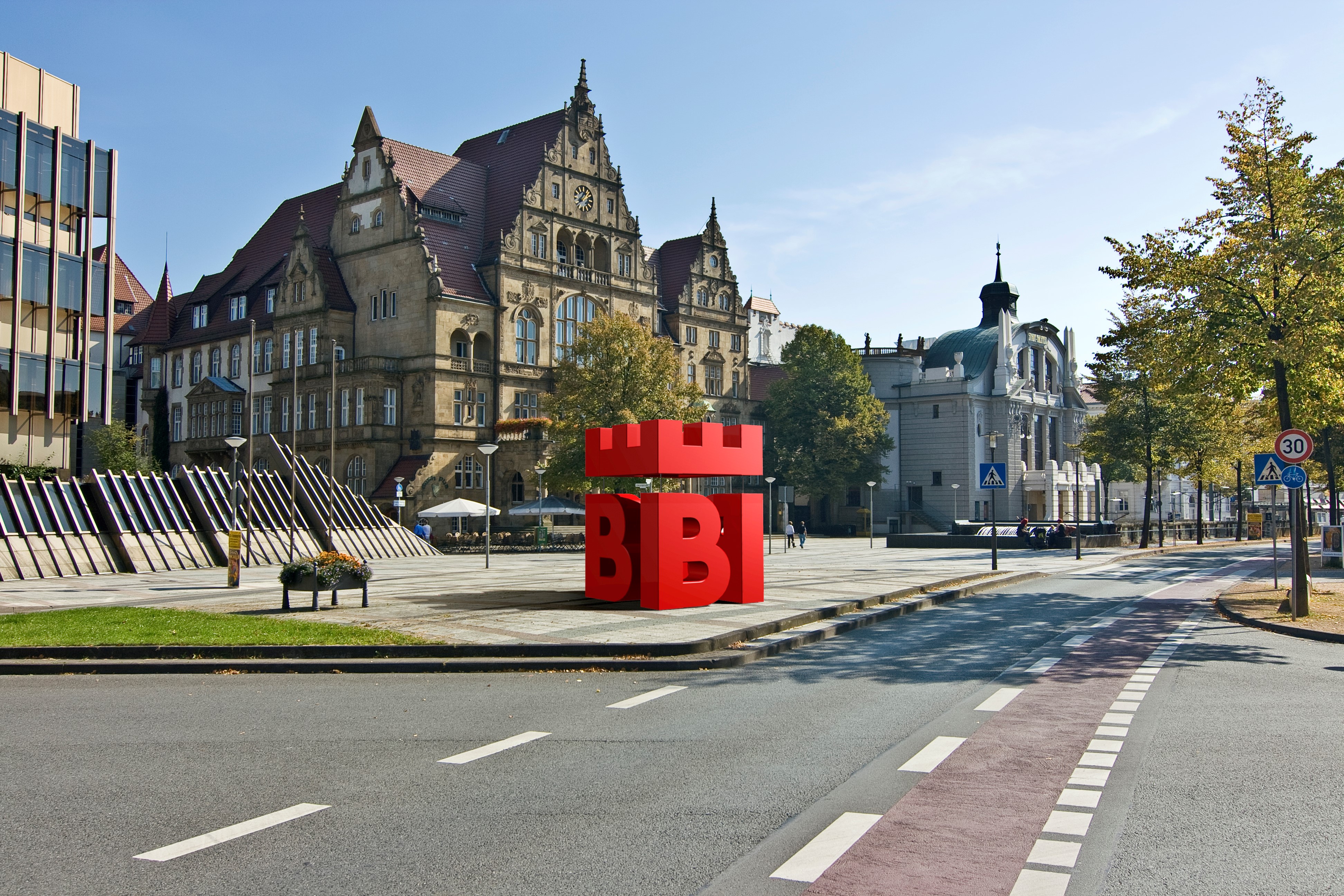 Das populäre Stadtlogo Bielefelds besteht aus dem KFZ-Kennzeichen BI und dem Buchstaben E, der an die Zinnen der Sparrenburg erinnert. 