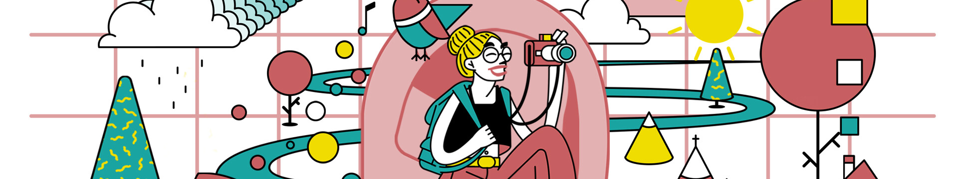 Grafik zum neuen Podcast von Tourismus NRW "Hör mal, wer da reist.". Unter anderem schaut eine Frau durch einen Fotoapparat.