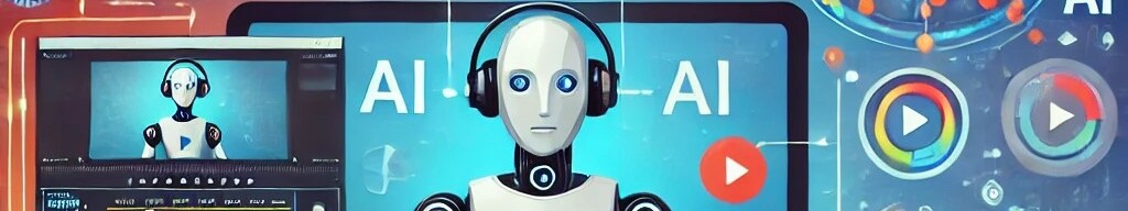 Illustration eines Bildschirms, auf dem ein Roboter mit Kopfhörern zu sehen ist. Seine Hände greifen aus dem Bilfschirm heraus auf eine davor stehende Tastatur. Der Bildschirm ist von verschiedenen digitalen Symbolen wie einem großen Button mit dem Wort „Play“ und einem „AI“-Symbol sowie einem Gehirn umgeben. Links ist eine Videoschnittsoftware zu sehen, die einen bearbeiteten Clip des Roboters anzeigt. Eine Hand mit ausgestrecktem Finger tippt auf einen blauen Kreis, der wie ein Startknopf wirkt. 