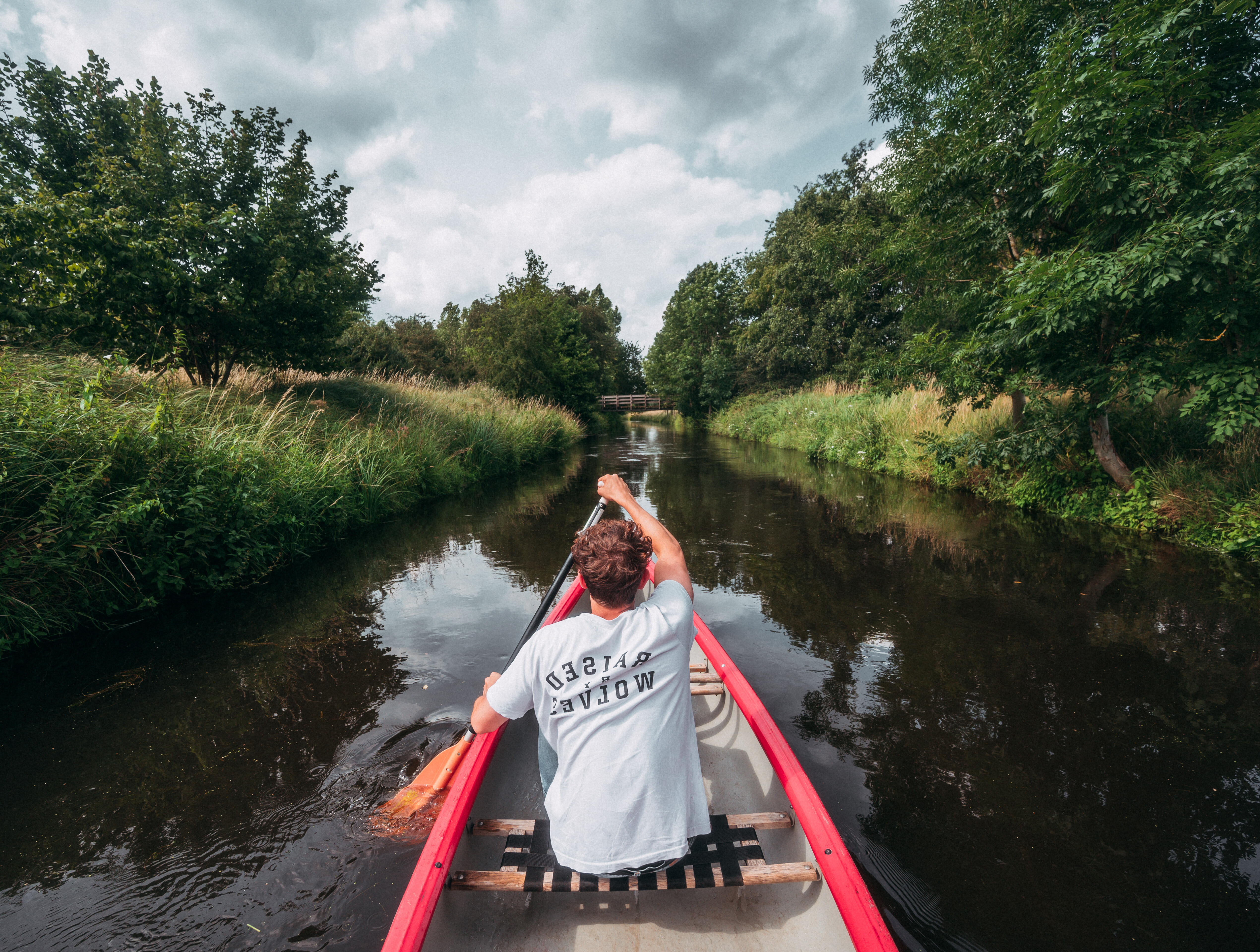 Ein Mensch paddelt auf der Niers. Die Flussauen sind dicht mit Gräsern und Bäumen bewachsen. 