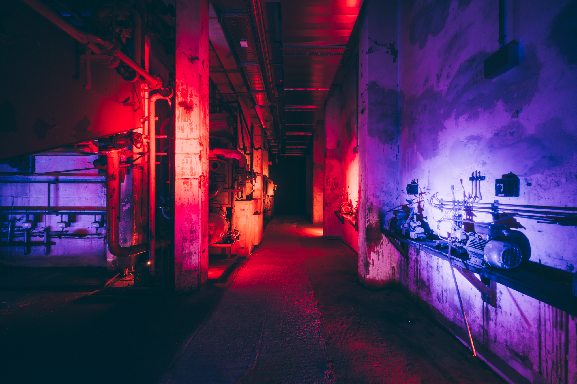 Blick in die ehemalige, mit rotem und violettem Neonlicht beleuchtete Fabrikanlage des heutigen Unesco-Welterbes Zollverein in Essen. 
