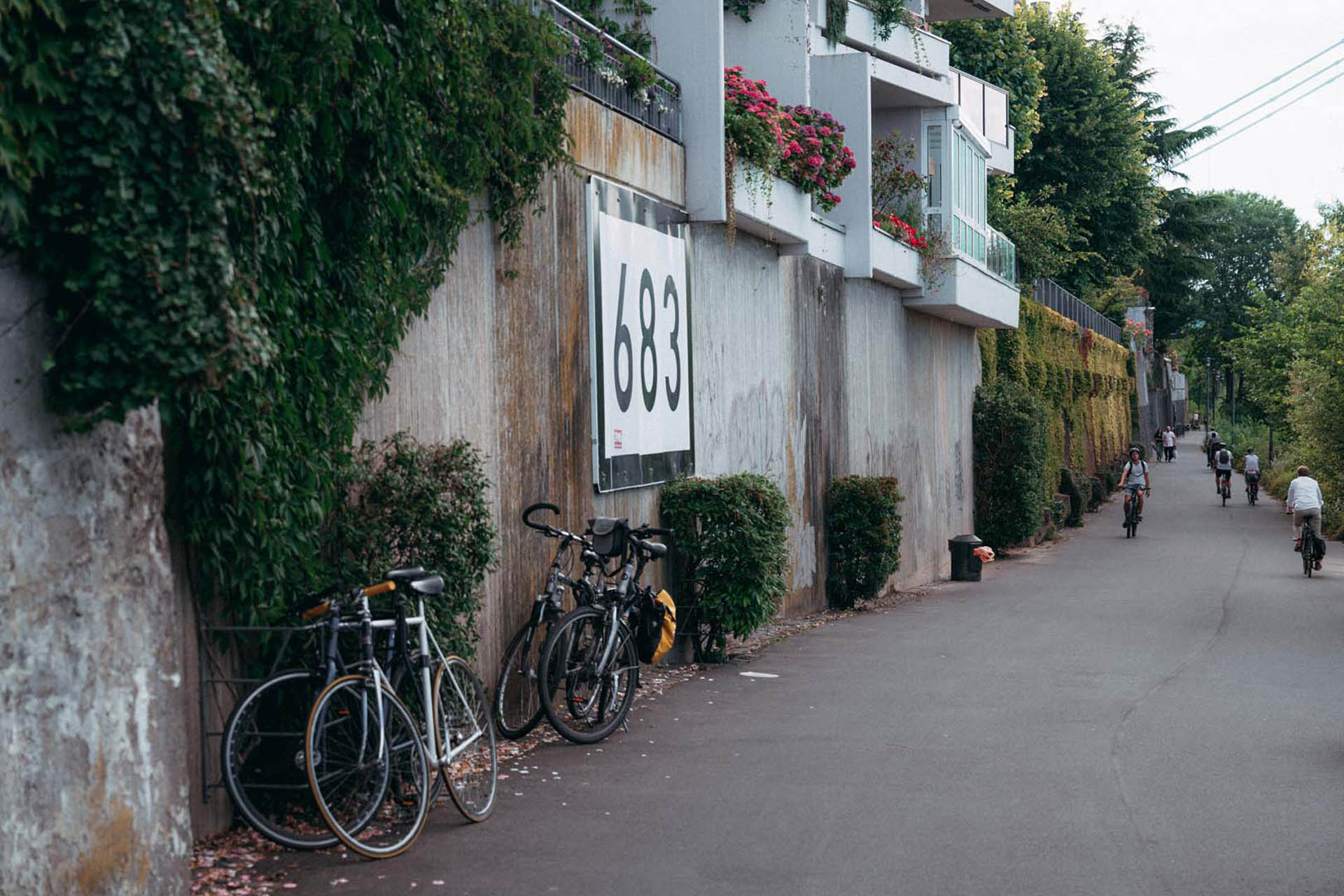 Radfahrer und stehende Fahrräder auf dem Kölnpfad am Rhein