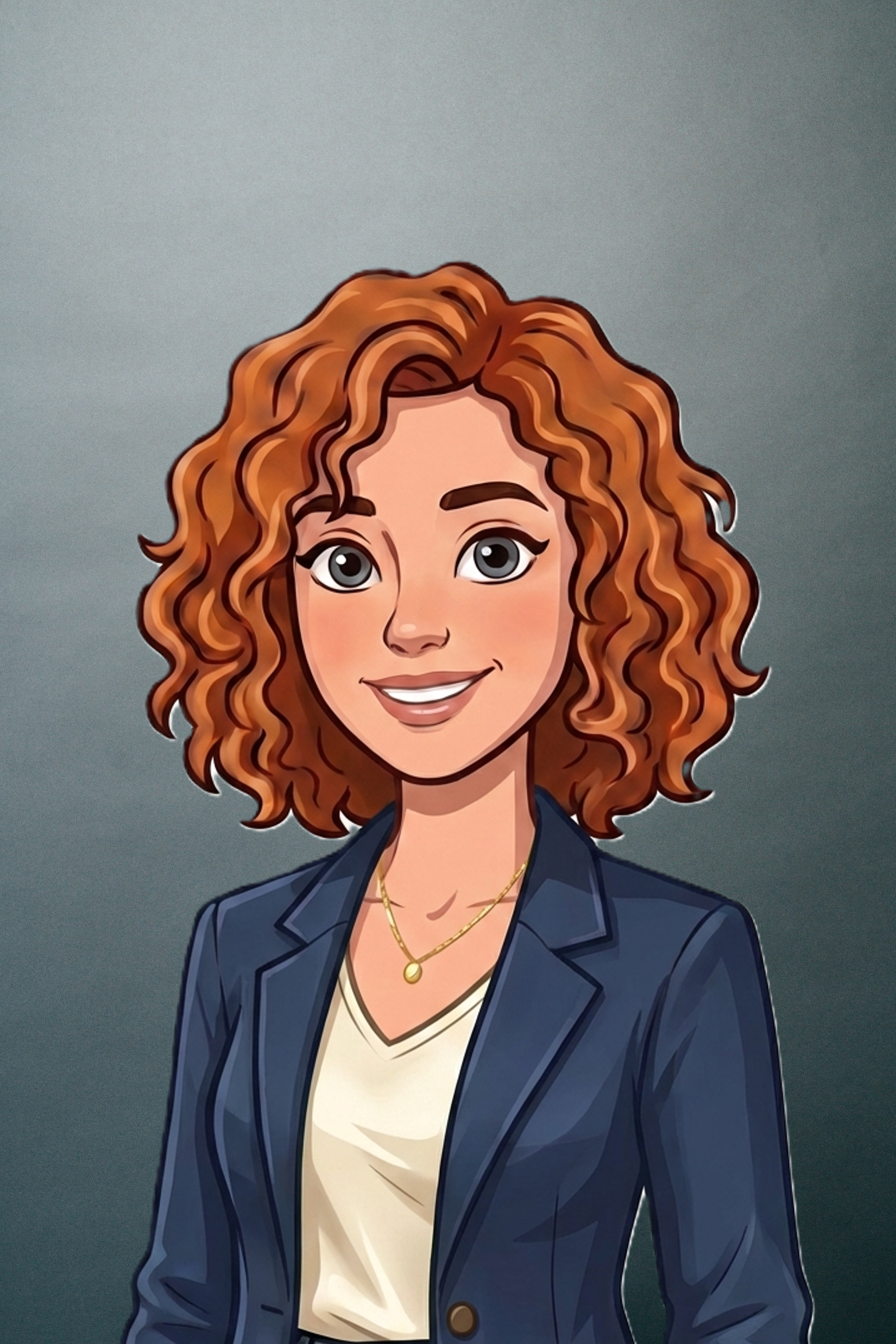 Avatar des Chatbots "Toni" von Tourismus NRW. Die Frau hat rote Haare und trägt einen blauen Blazer und ein beiges T-Shirt sowie eine kleine goldene Kette. 