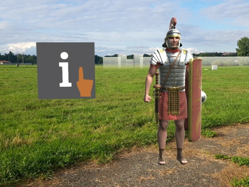 Ein digitaler römischer Soldat steht auf einer Wiese.