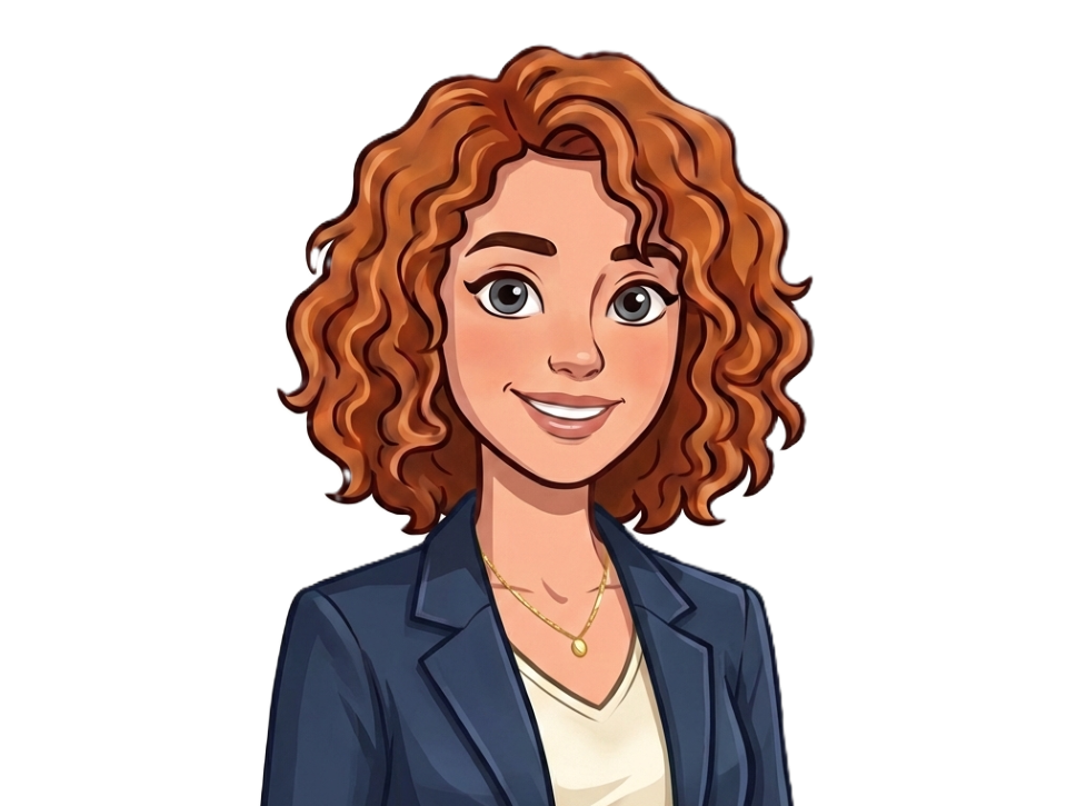 Avatar des Chatbots "Toni" von Tourismus NRW. Die Frau hat rote Haare und trägt einen blauen Blazer und ein beiges T-Shirt sowie eine kleine goldene Kette. 
