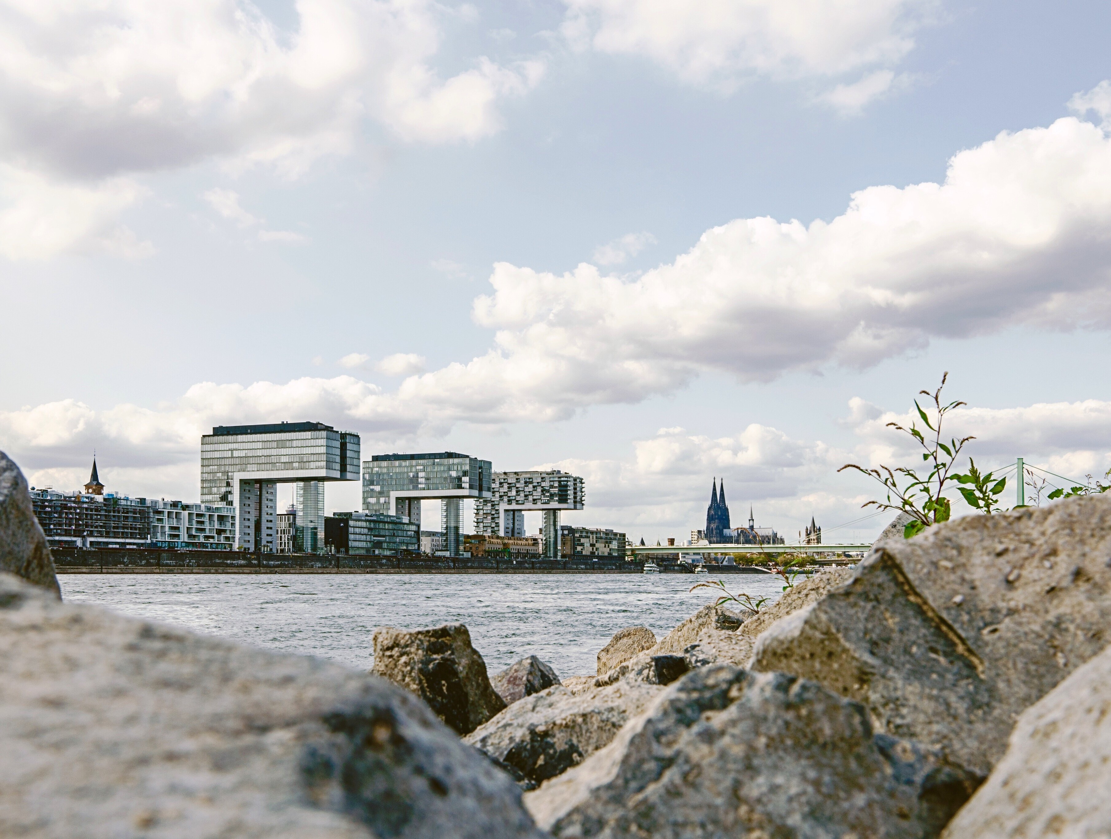 Wie Kräne ragen die drei Hochhäuser am Kölner Rheinufer über das Wasser. Im Hintergrund ist der Dom zu sehen. 