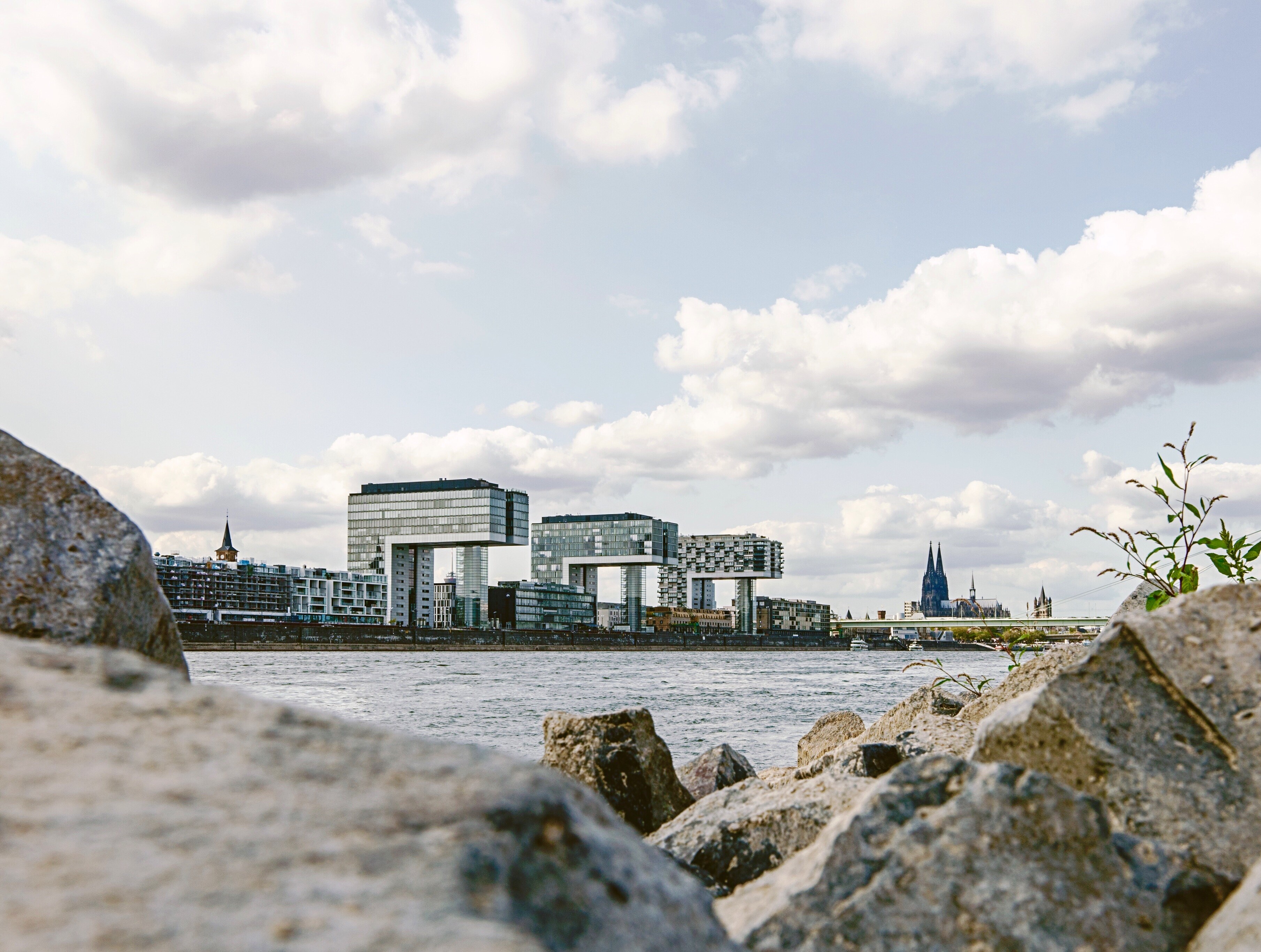 Wie Kräne ragen die drei Hochhäuser am Kölner Rheinufer über das Wasser. Im Hintergrund ist der Dom zu sehen. © Dennis Korb