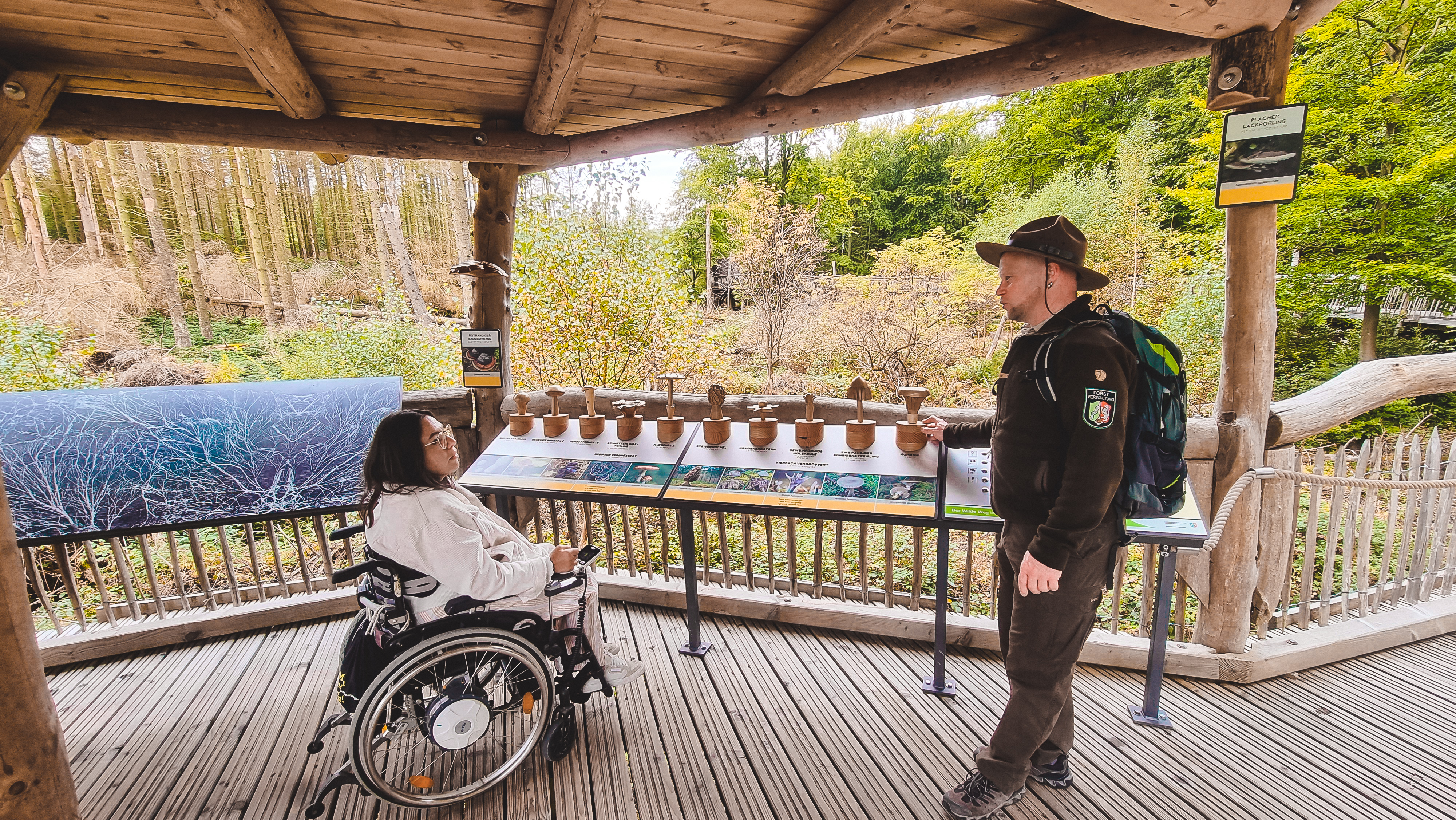 Eine Frau im Rollstuhl im Gespräch mit einem Ranger an einer interaktiven Station auf dem barrierefreien Pfad "Wilder Weg" im Nationalpark Eifel