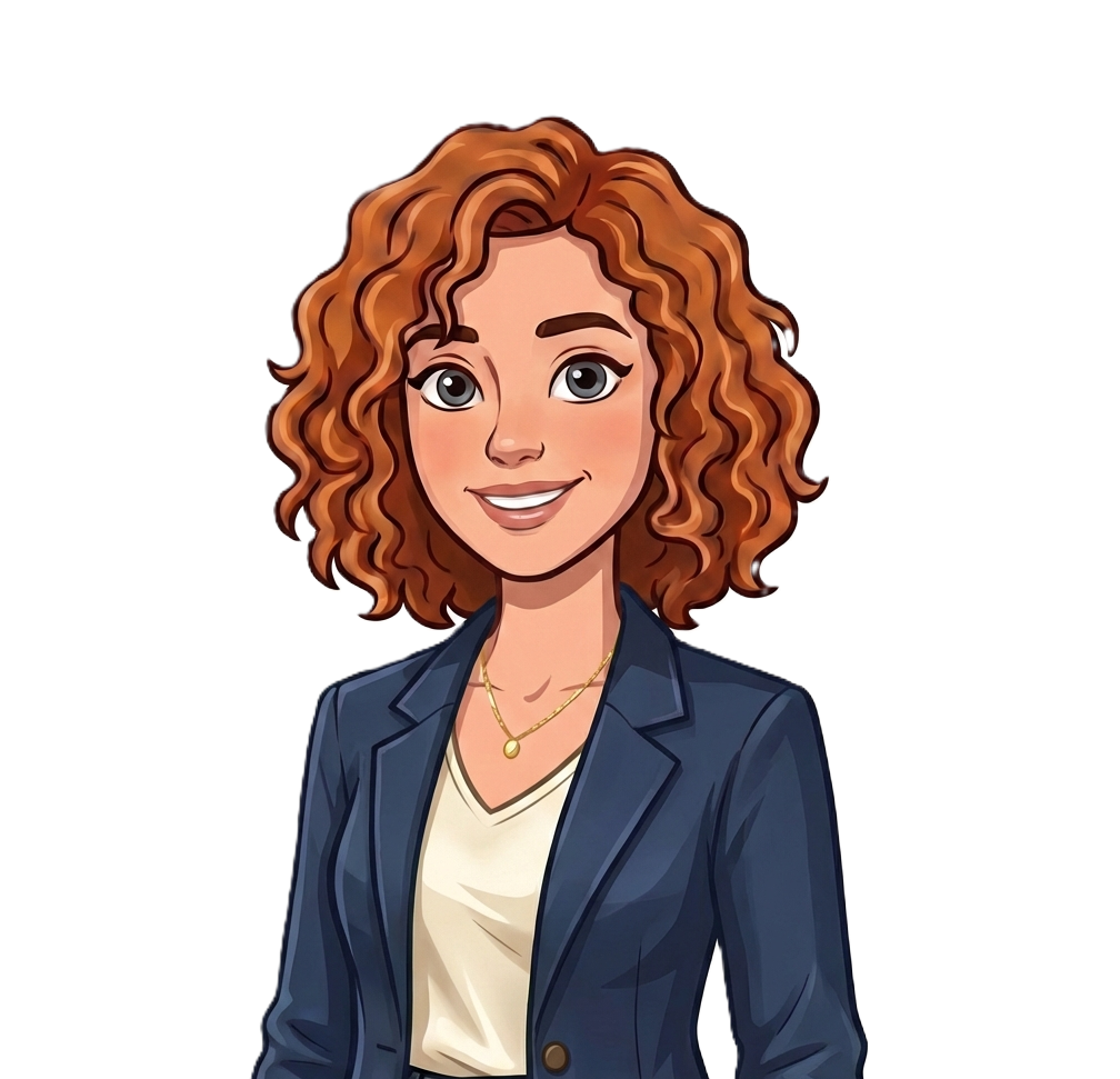 Avatar des Chatbots "Toni" von Tourismus NRW. Die Frau hat rote Haare und trägt einen blauen Blazer und ein beiges T-Shirt sowie eine kleine goldene Kette. 