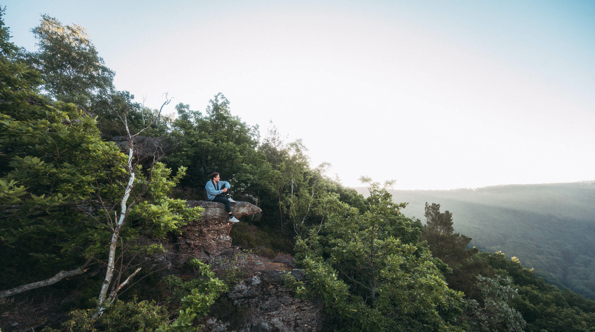 Ein Mensch sitzt auf einem Felsvorsprung zwischen Sträuchern am Eugenienstein in Nideggen. © Tourismus NRW e.V./Johannes Höhn