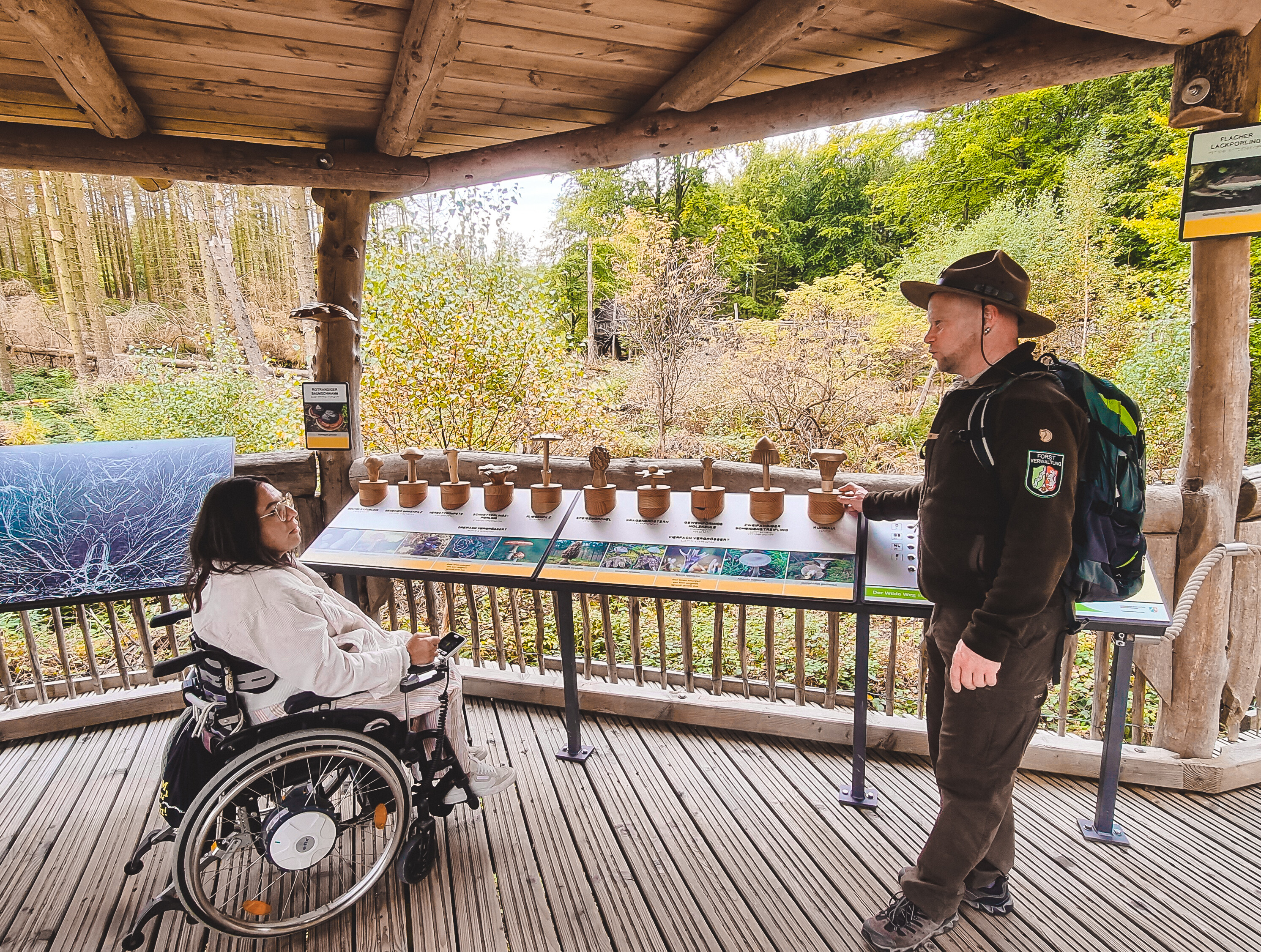 Eine Frau im Rollstuhl im Gespräch mit einem Ranger an einer interaktiven Station auf dem barrierefreien Pfad "Wilder Weg" im Nationalpark Eifel