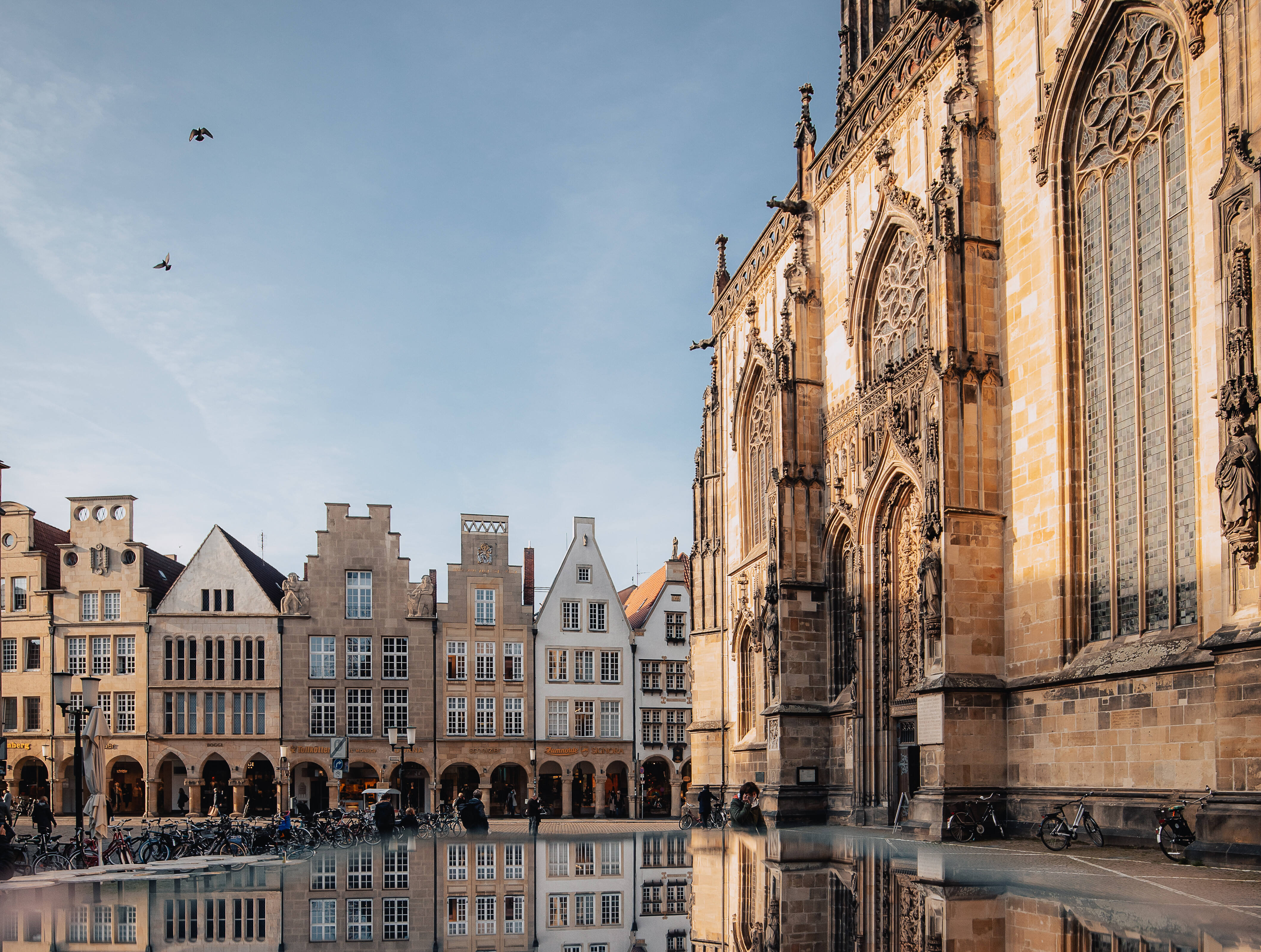 Die historischen Fassaden am Prinzipalmarkt Münster spiegeln sich im Wasser des Lambertibrunnens. 